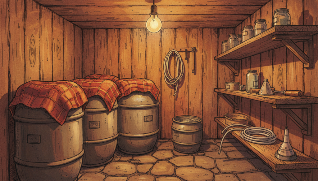 Ilustração de bidões de fermentação embrulhados em mantas numa arrecadação tradicional.