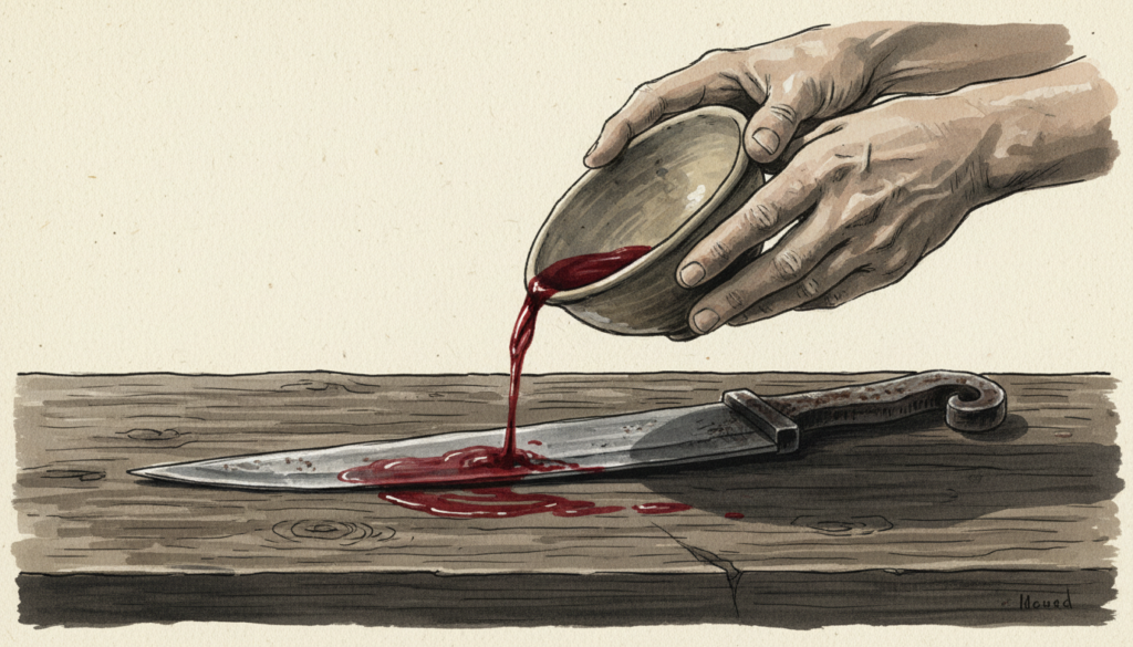 Ilustração de ritual de purificação com vinho: mãos e utensílio lavados com vinho Kalash.