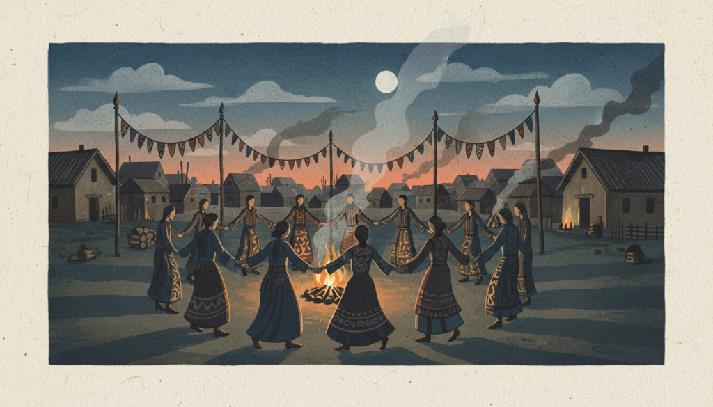 Ilustração editorial de um festival Kalash com dança em círculo num vale montanhoso.