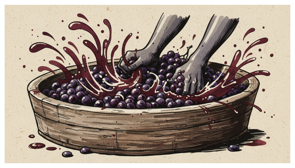 Ilustração da pisa tradicional de uvas pretas em cocho de madeira para fazer vinho Kalash.