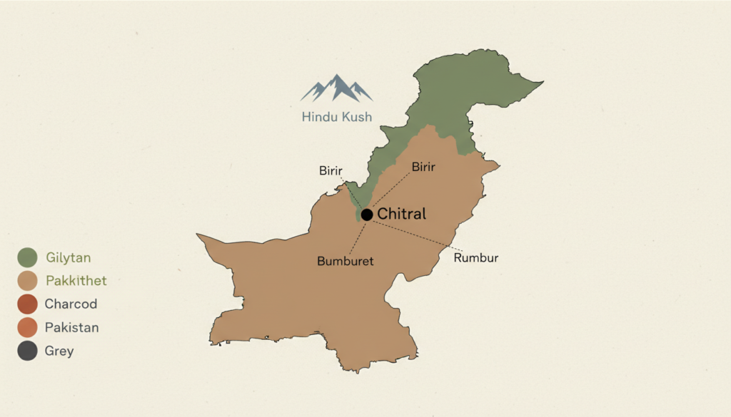 Mapa ilustrado: localização dos vales Kalash (Birir, Bumburet e Rumbur) em Chitral, norte do Paquistão.